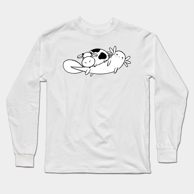 Axolotl and Tiny Cow - White and Black Line Long Sleeve T-Shirt by saradaboru